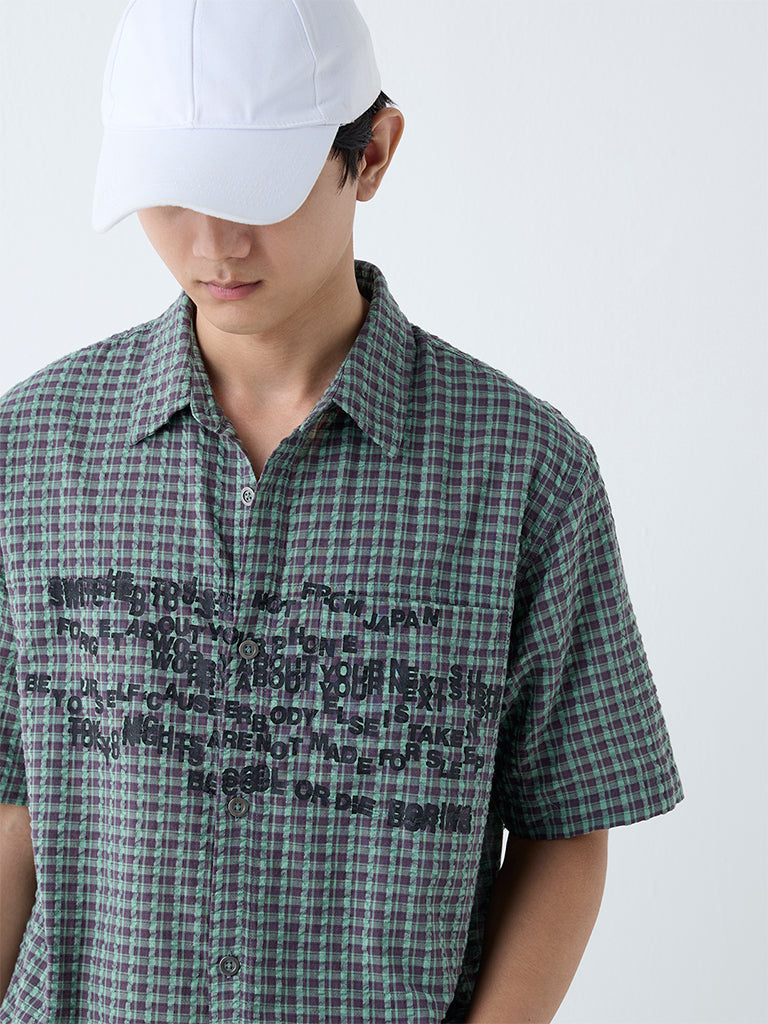 Nuon Green Checks Detailed Relaxed-Fit Cotton Shirt