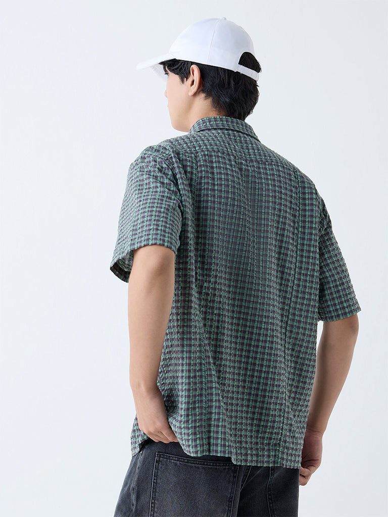 Nuon Green Checks Detailed Relaxed-Fit Cotton Shirt
