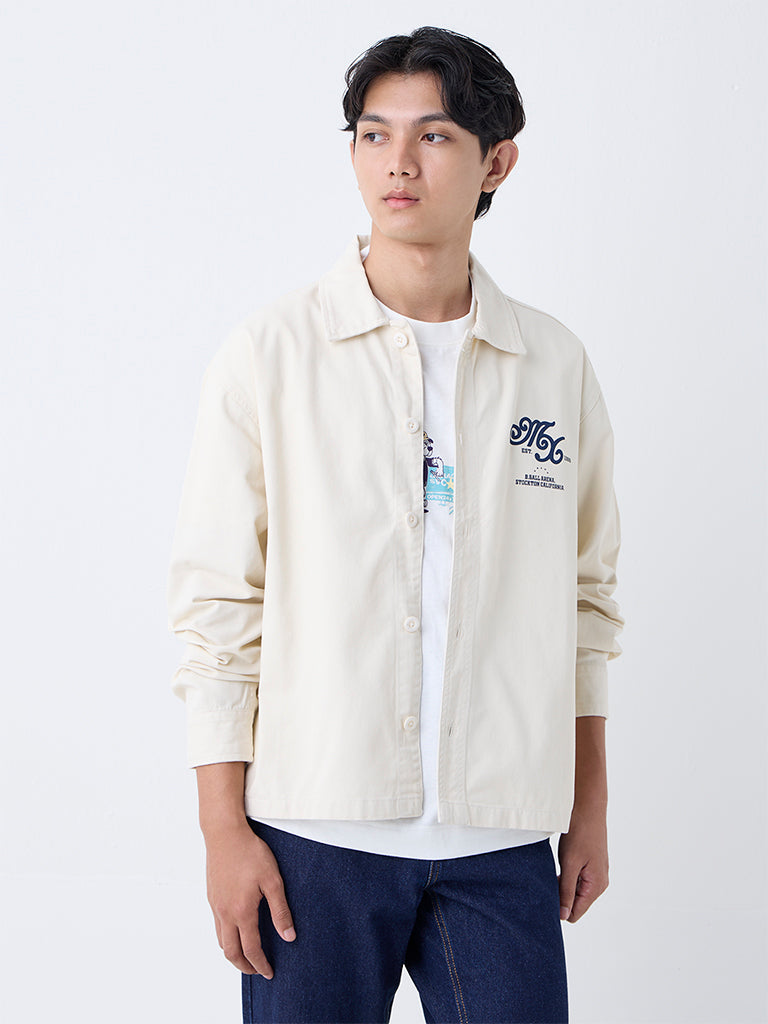 Nuon Beige Text Detailed Relaxed-Fit Cotton Shirt