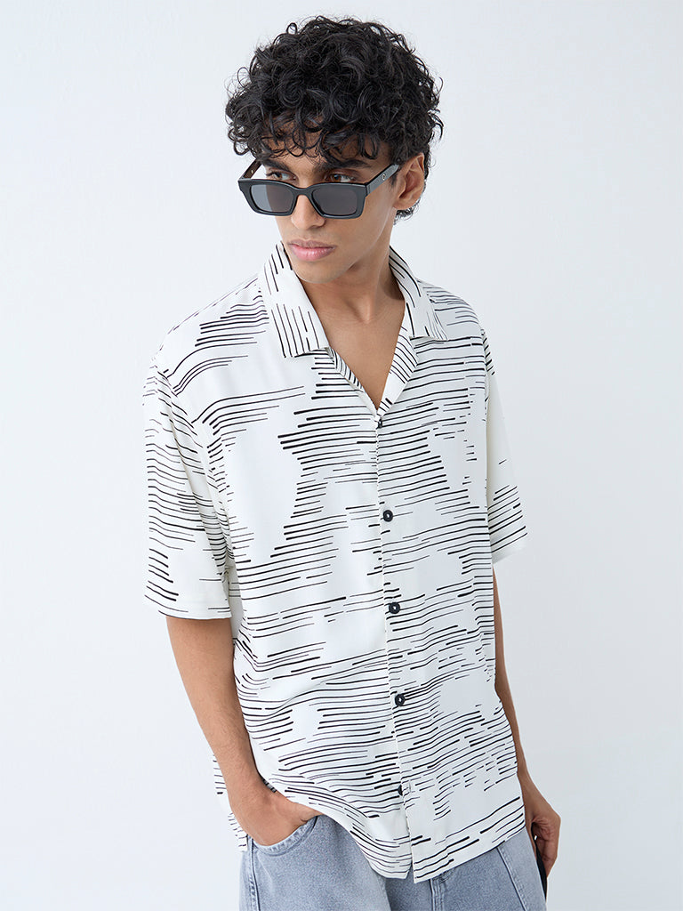 Westside Nuon Men's White Striped Relaxed-Fit Shirt for Casual Wear Front View