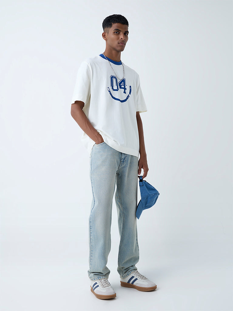 Westside Nuon Men's White Numerical Printed Relaxed-Fit Cotton T-Shirt for Casual Wear Full View