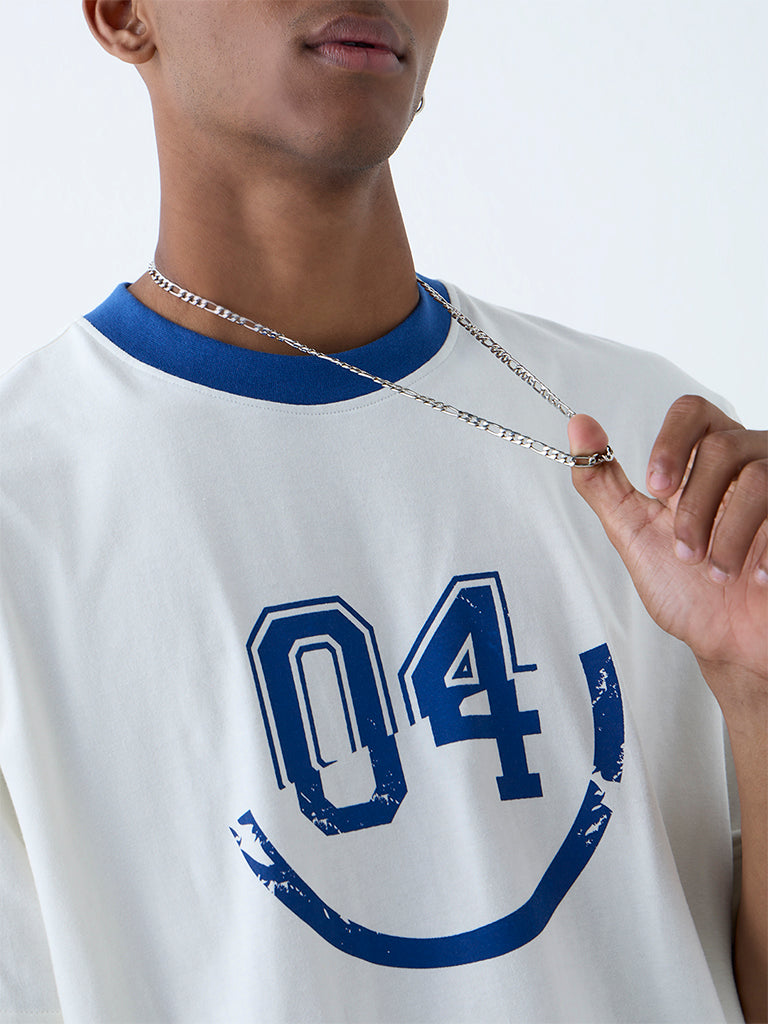 Westside Nuon Men's White Numerical Printed Relaxed-Fit Cotton T-Shirt for Casual Wear Zoomed View