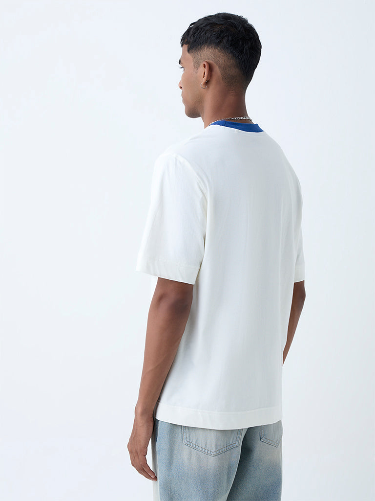 Westside Nuon Men's White Numerical Printed Relaxed-Fit Cotton T-Shirt for Casual Wear Back View