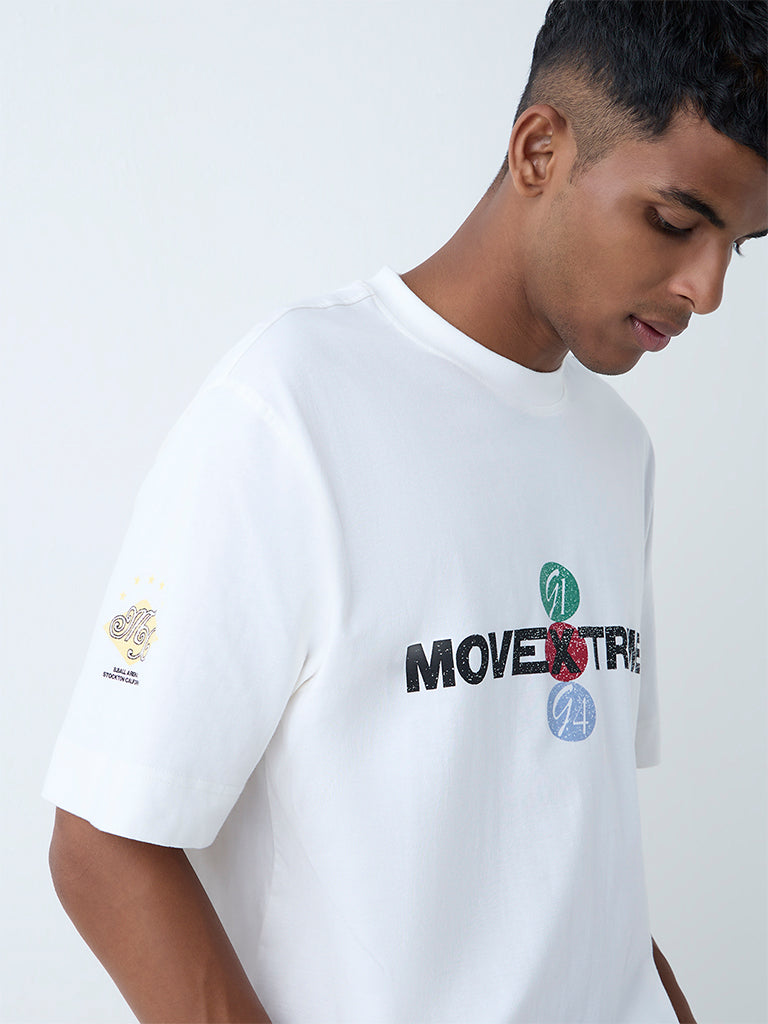Westside Nuon Men's White Text Pattern Relaxed-Fit Cotton T-Shirt for Casual Wear Zoomed View