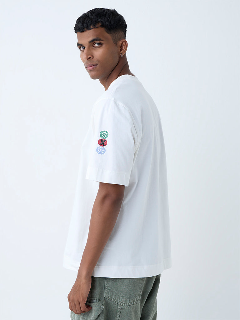 Westside Nuon Men's White Text Pattern Relaxed-Fit Cotton T-Shirt for Casual Wear Back View