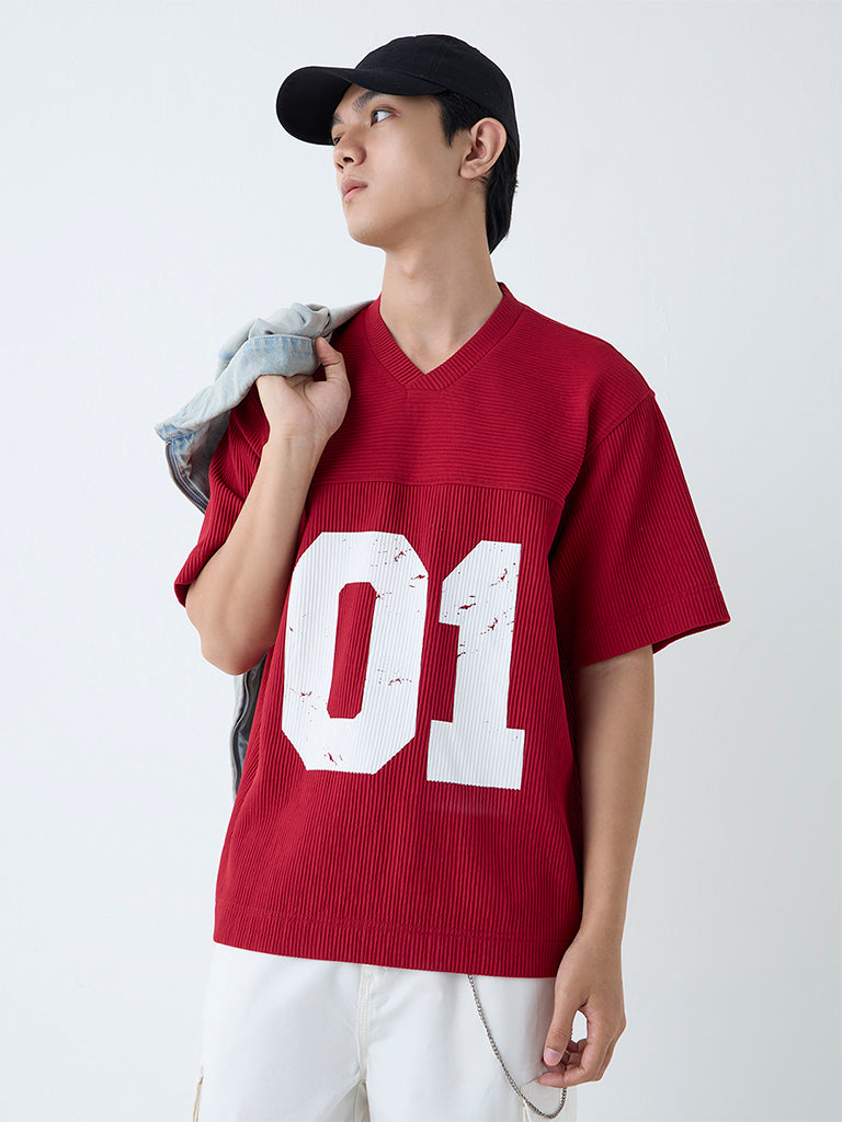 Westside Nuon Men's Red Numerical Design Ribbed Relaxed-Fit T-Shirt for Casual Wear Front view