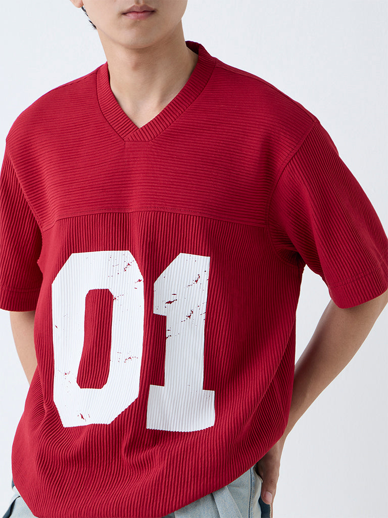 Westside Nuon Men's Red Numerical Design Ribbed Relaxed-Fit T-Shirt for Casual Wear Zoomed View