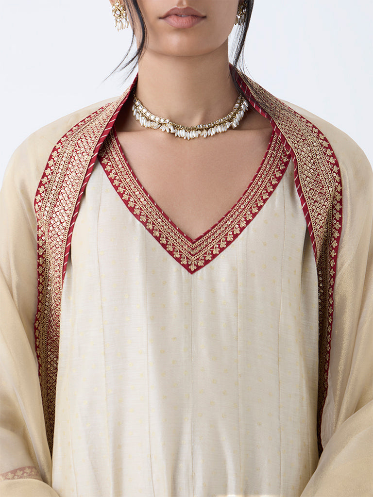 Westside Vark Women's Beige Sequin Embellished Anarkali Cotton-Blend Ethnic Set for Festival Wear Zoomed View