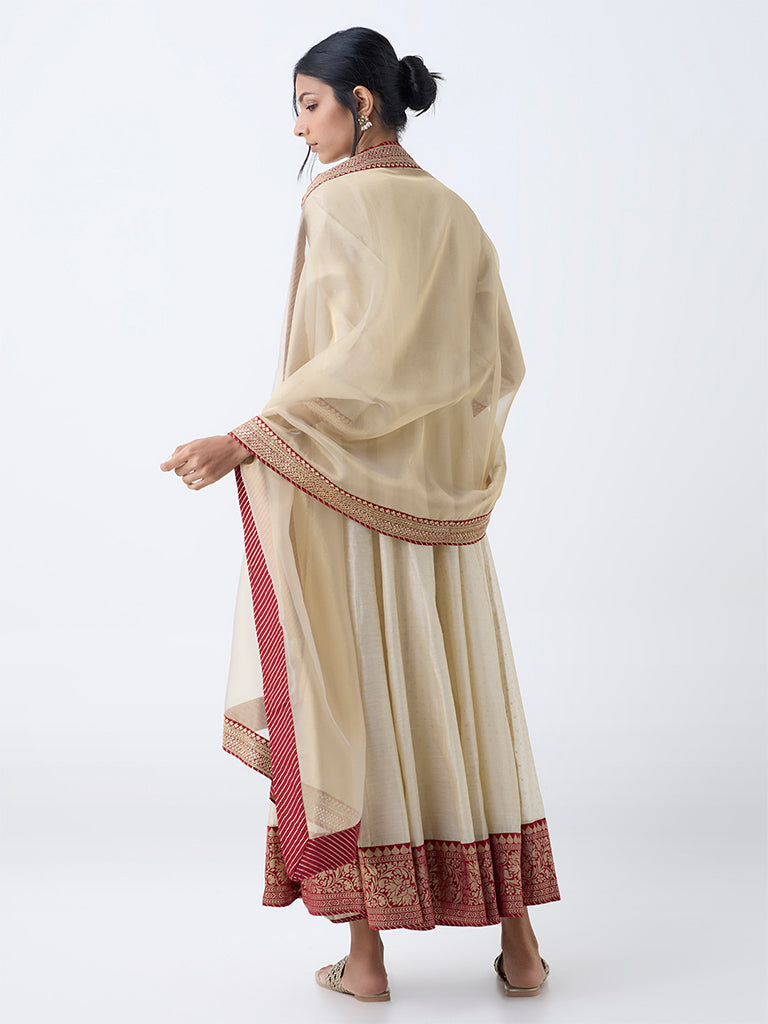 Westside Vark Women's Beige Sequin Embellished Anarkali Cotton-Blend Ethnic Set for Festival Wear Back View