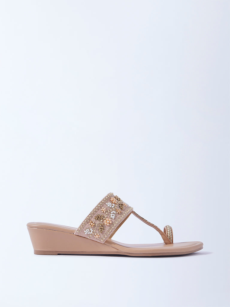 LUNA BLU Blush Pink Kolhapuri Wedge-Heel Sandals