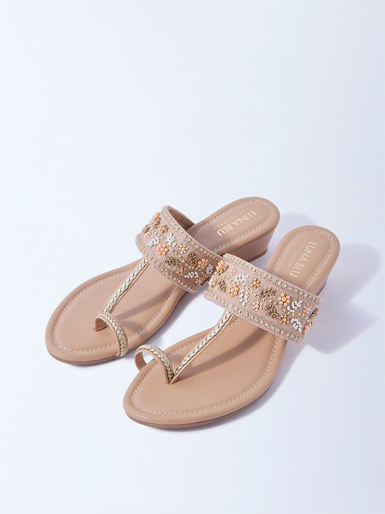 LUNA BLU Blush Pink Kolhapuri Wedge-Heel Sandals