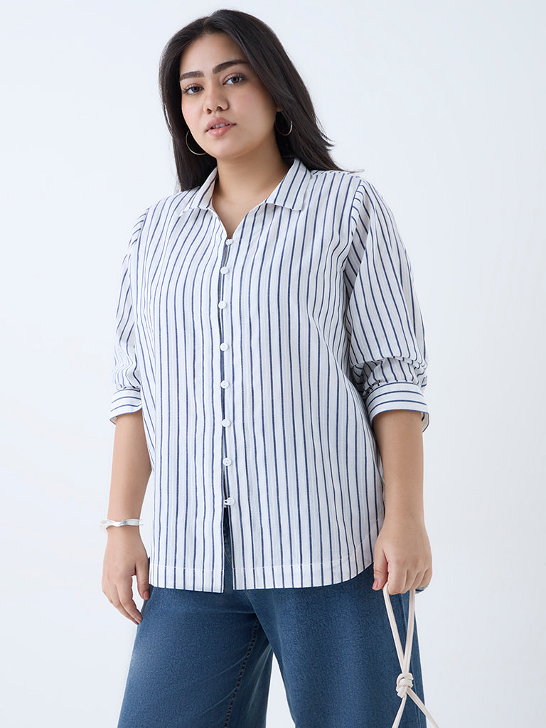 Westside Gia Women's White Stripe Cotton Shirt for Casual Wear Front View