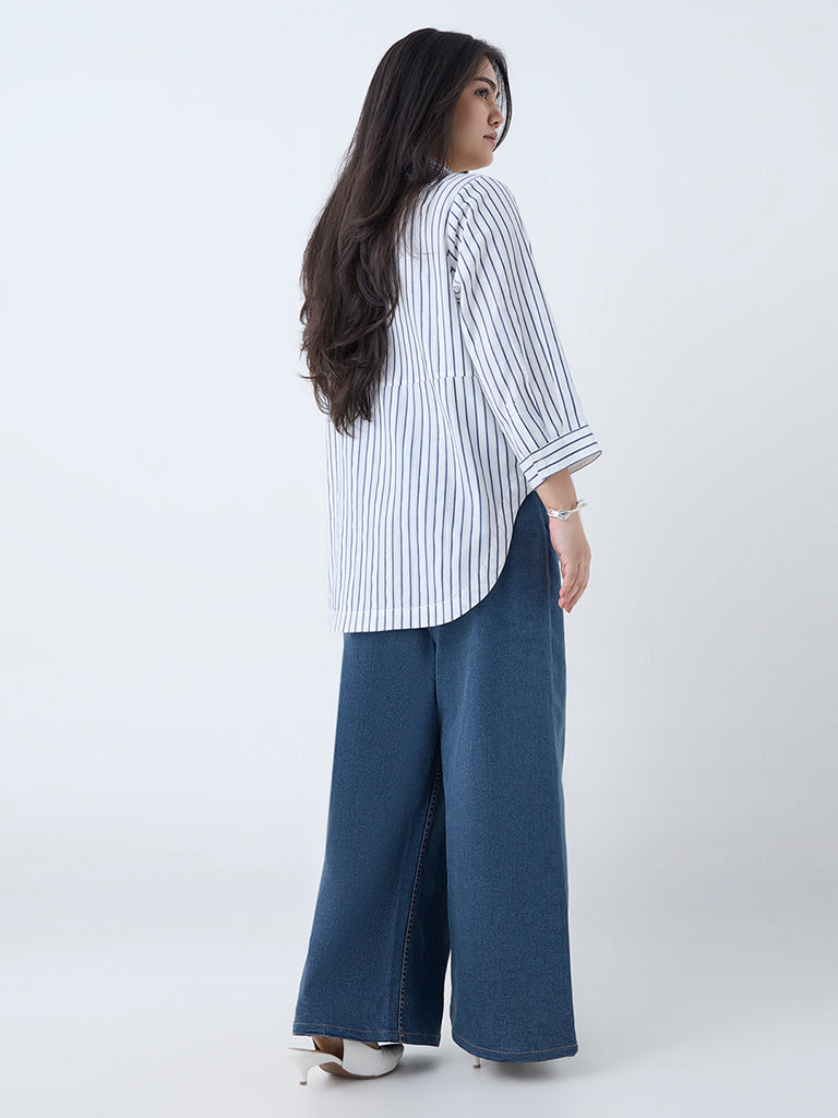 Westside Gia Women's White Stripe Cotton Shirt for Casual Wear Back View