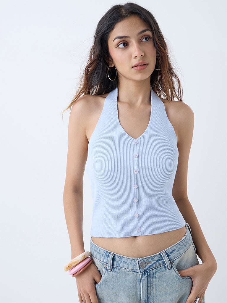 Westside Nuon Women's Light Blue Ribbed-Textured Top for Casual Wear Front view