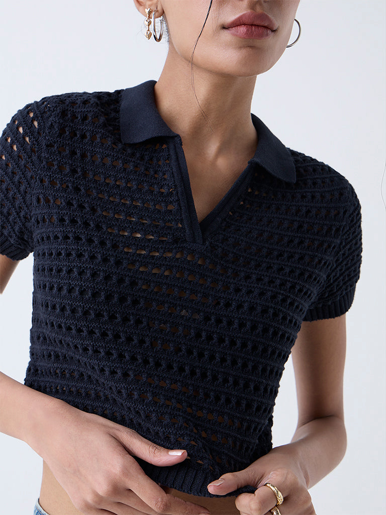 Buy Nuon Black Crochet-Detailed Cotton Top from Westside