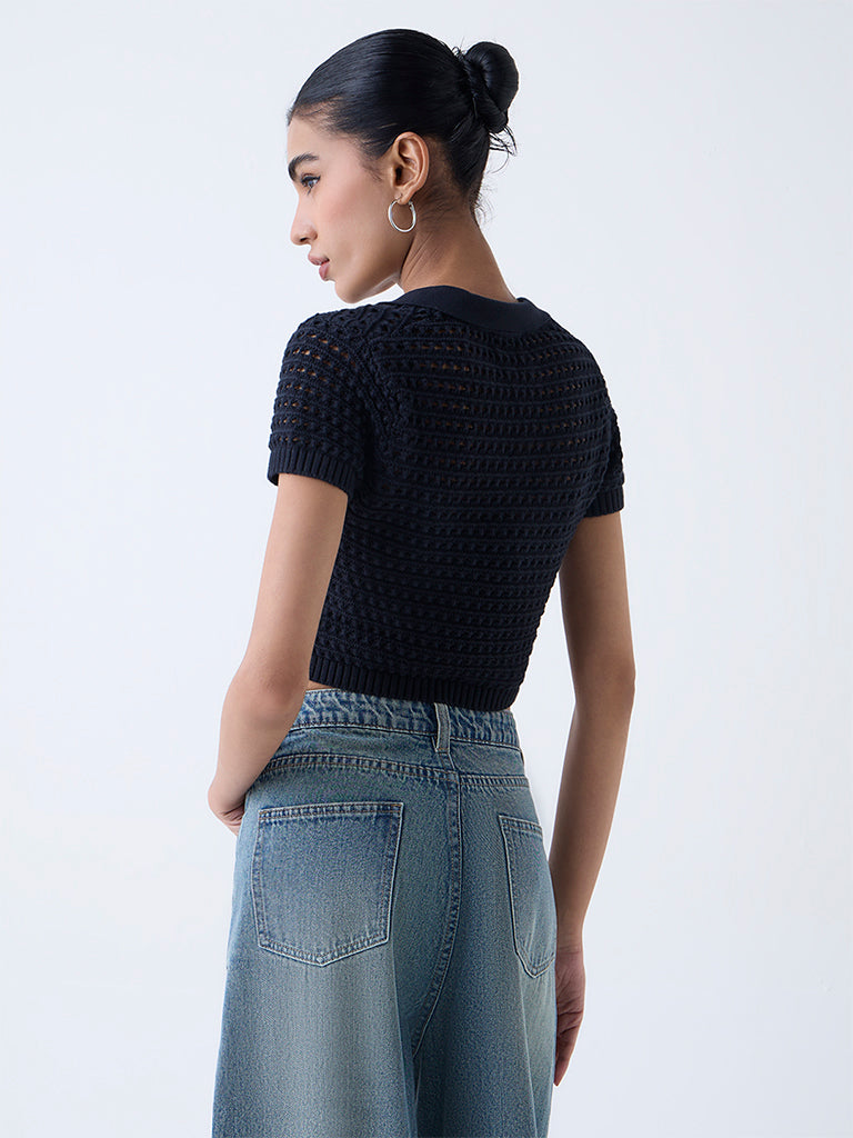 Nuon Black Crochet-Detailed Cotton Top