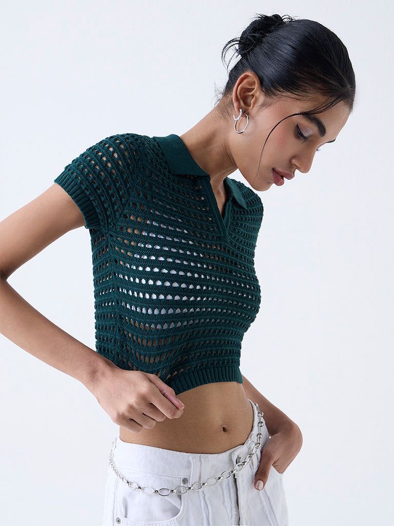 Nuon Green Crochet-Detailed Cotton Top