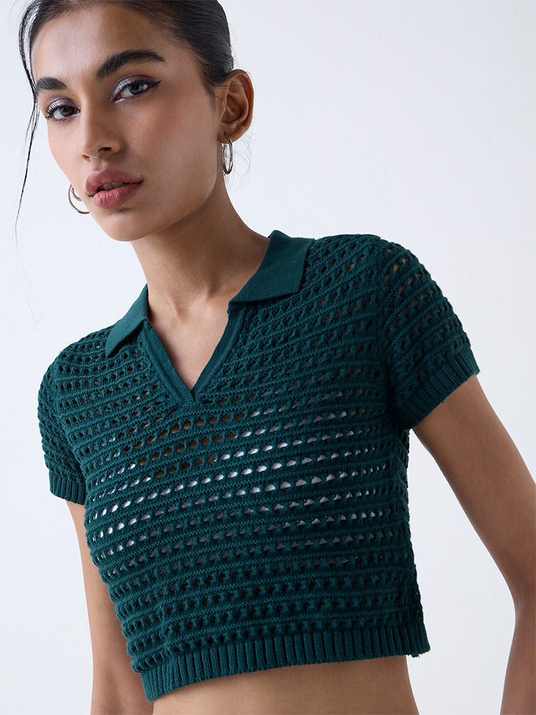 Nuon Green Crochet-Detailed Cotton Top