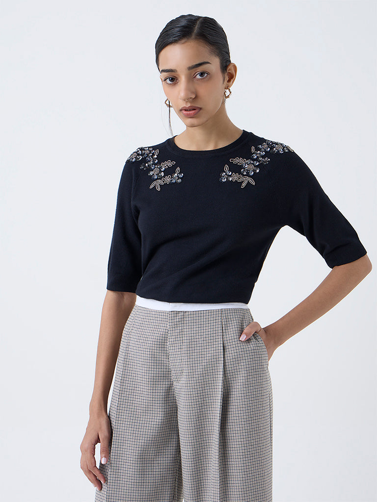 Wardrobe Black Floral Embellished Knitted Top