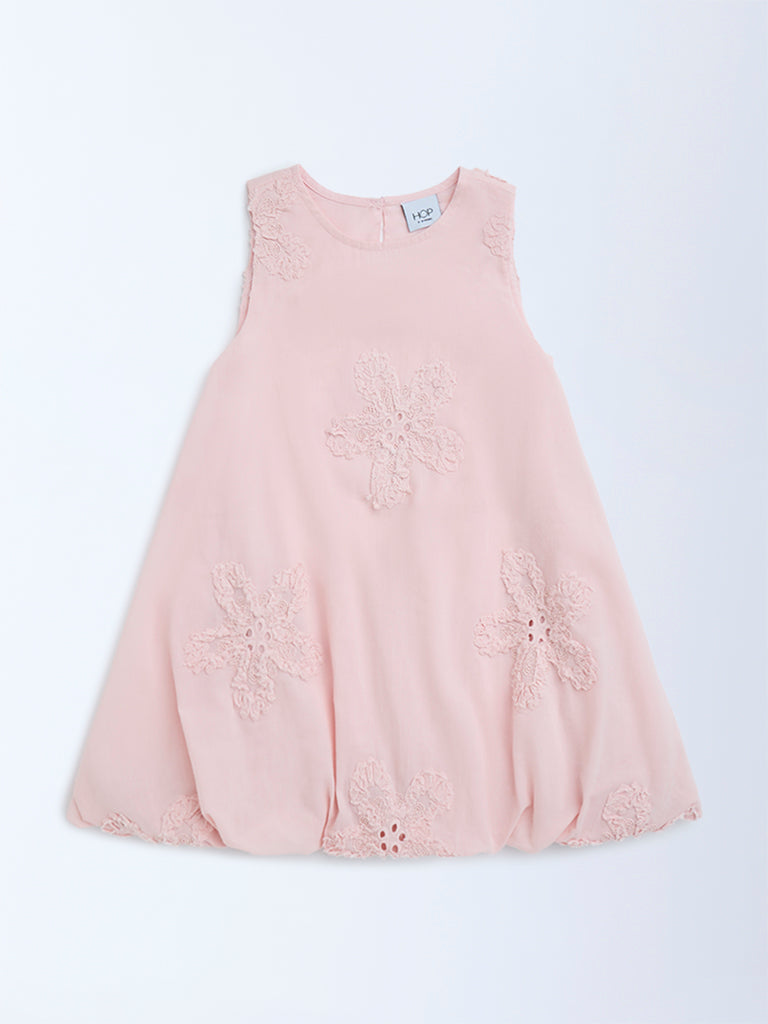HOP Kids Girls Pink Floral Embroidered Cotton Balloon Dress