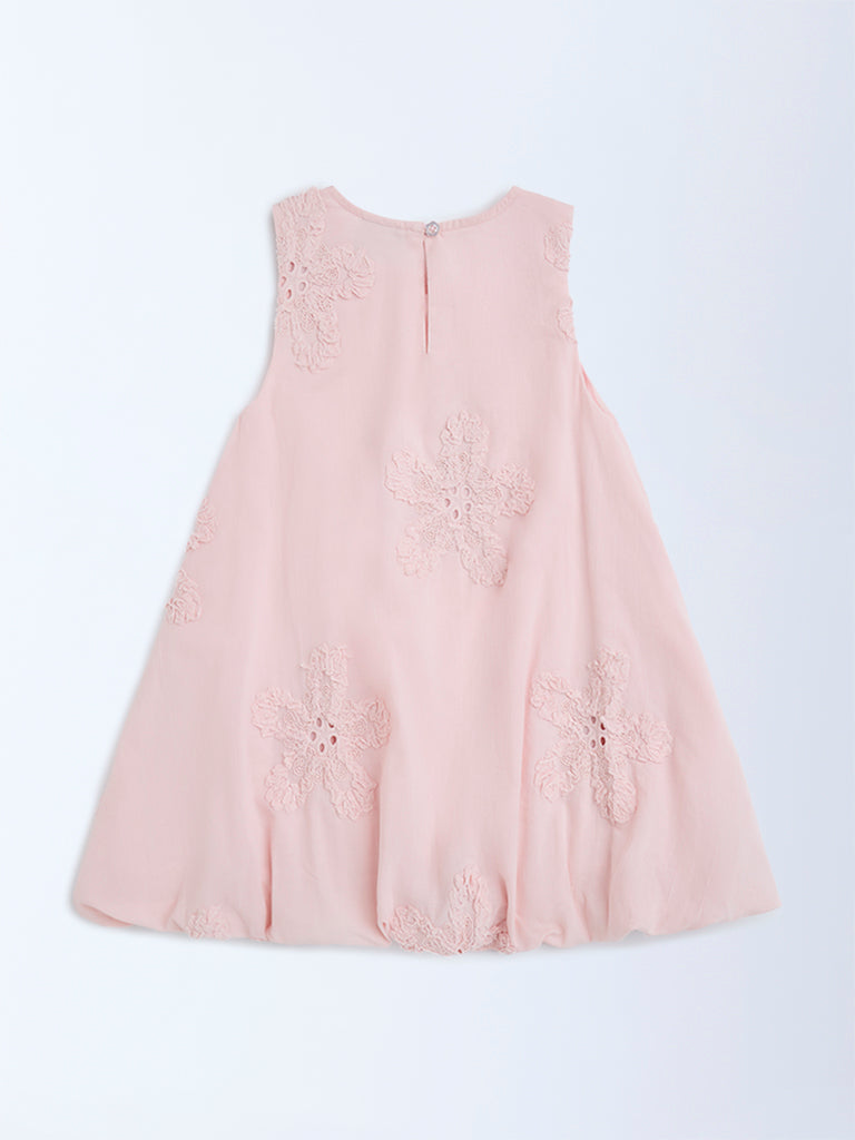HOP Kids Girls Pink Floral Embroidered Cotton Balloon Dress