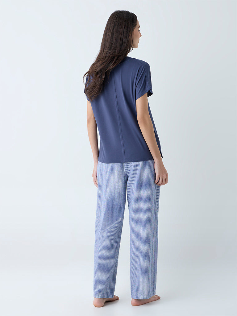 Wunderlove Dusty Blue Striped High-Rise Pants