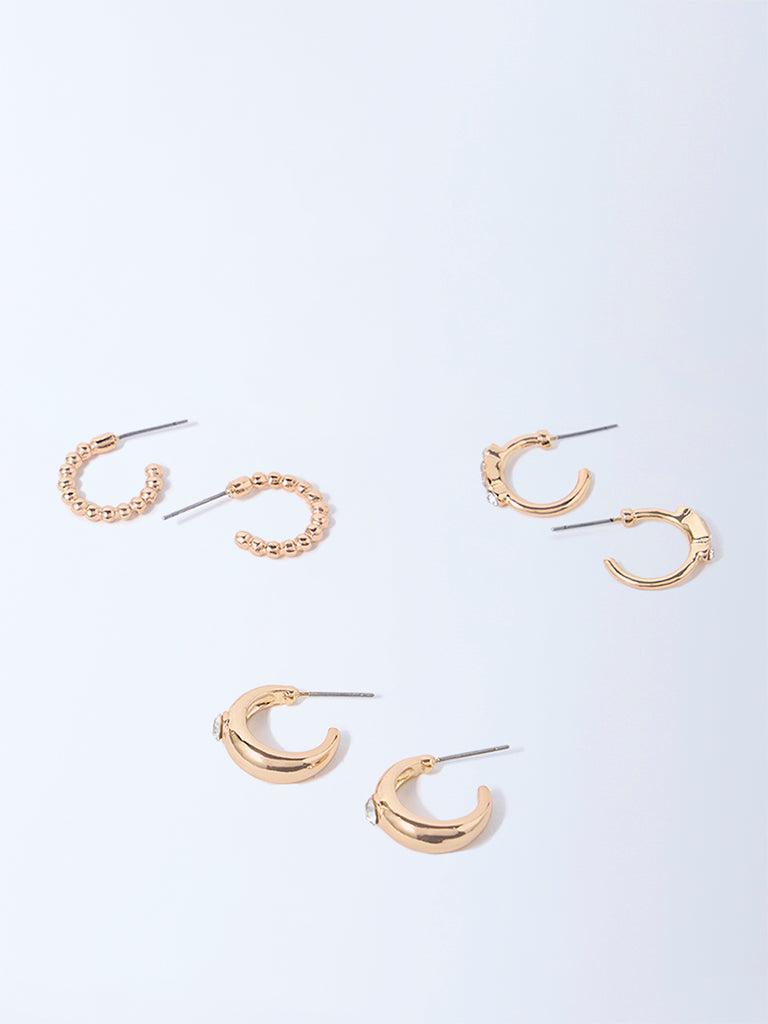 Westside Accessories Gold Studded and Textured Hoop Earrings Set - Pack of 3