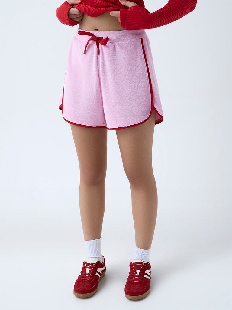 Studiofit Pink Self-Textured High-Rise Cotton-Blend Shorts