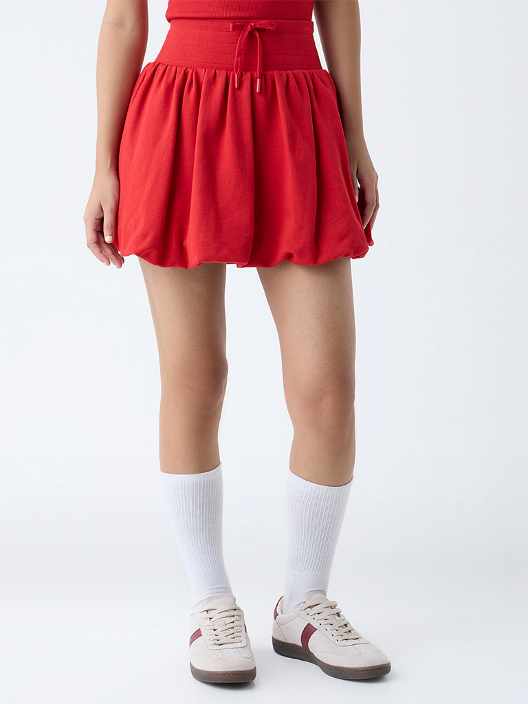 Studiofit Red Solid High-Rise Cotton Balloon Skirt