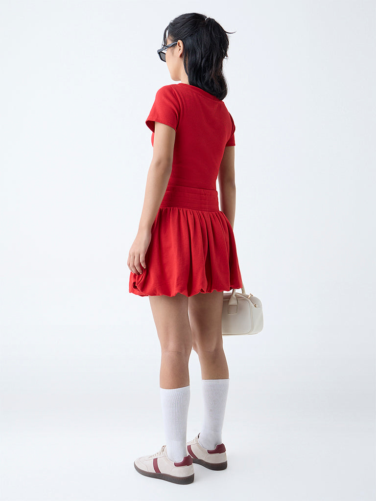 Studiofit Red Solid High-Rise Cotton Balloon Skirt