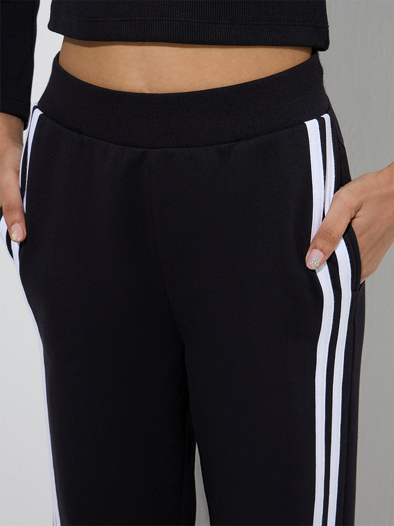 Westside Studiofit Women's Black Striped High-Rise Cotton-Blend Track Pants for Sports Wear Zoomed View