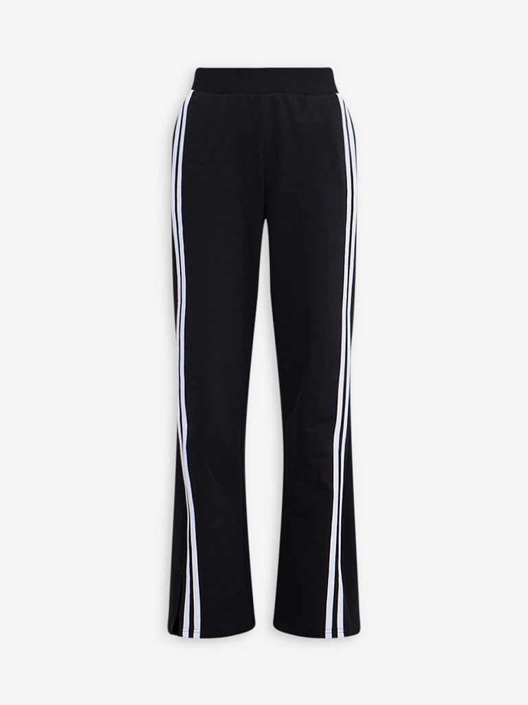 Westside Studiofit Women's Black Striped High-Rise Cotton-Blend Track Pants for Sports Wear Flatly