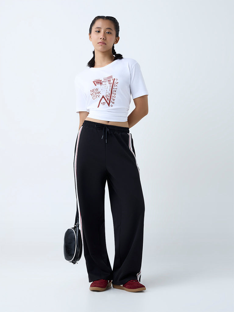 Westside Studiofit Women's Black Stripe High-Rise Track Pants for Sports Wear Full View