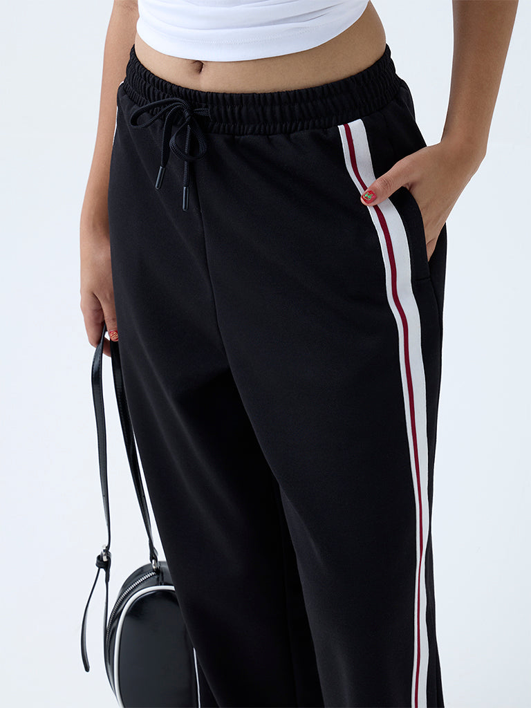 Westside Studiofit Women's Black Stripe High-Rise Track Pants for Sports Wear Zoomed View