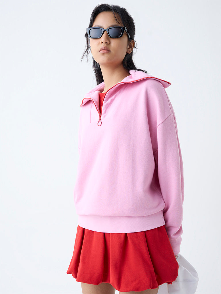 Westside Studiofit Women's Pink Ribbed Cotton Quarter-Zip Sweatshirt for Sports Wear Front view