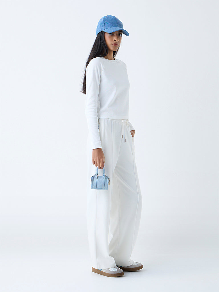 Westside Studiofit Women's White Ribbed Cotton-Blend T-Shirt for Sports Wear Full View