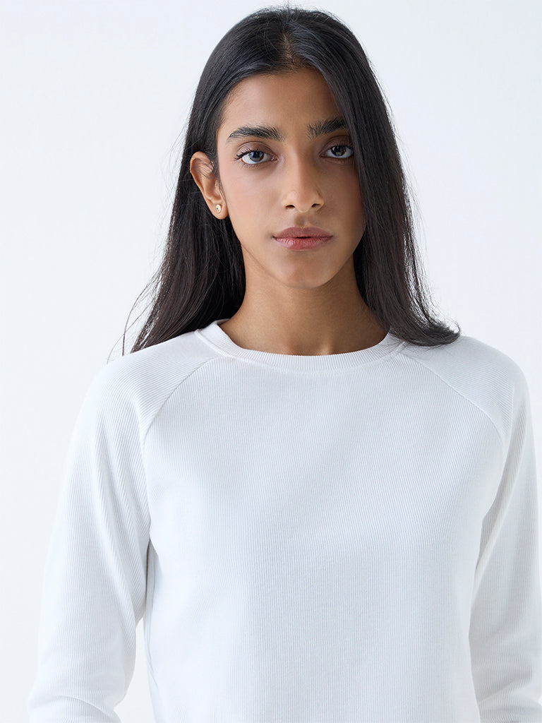 Westside Studiofit Women's White Ribbed Cotton-Blend T-Shirt for Sports Wear Zoomed View