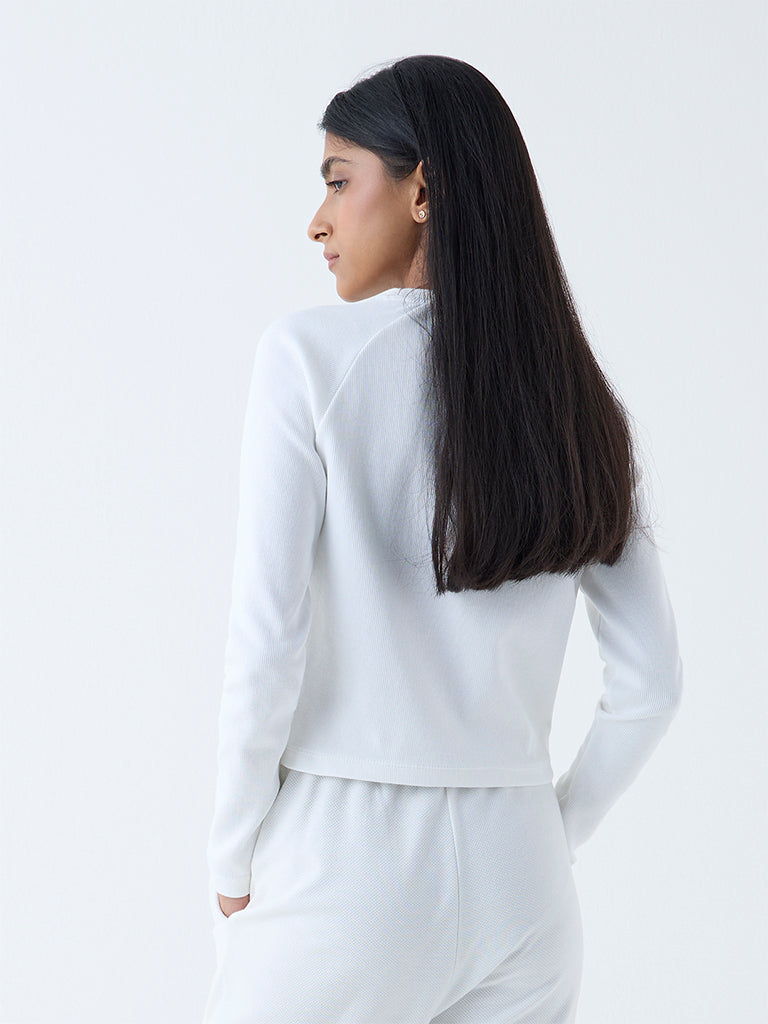 Westside Studiofit Women's White Ribbed Cotton-Blend T-Shirt for Sports Wear Back View