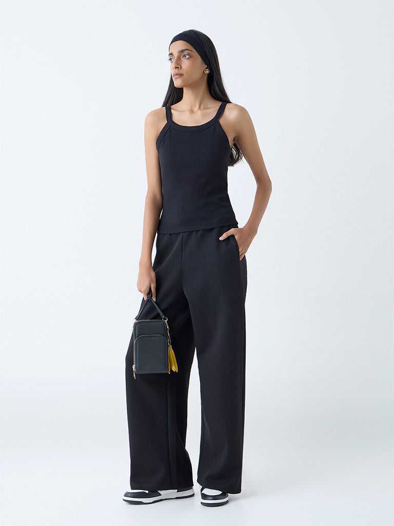 Westside Studiofit Women's Black Ribbed-Textured Cotton-Blend Tank Top for Sports Wear Front View