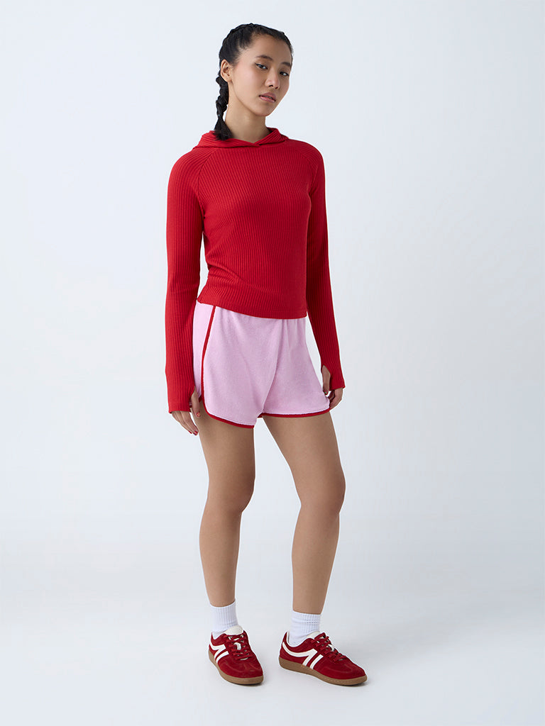 Buy Studiofit Red Ribbed-Textured Hooded T-Shirt from Westside - Main Image