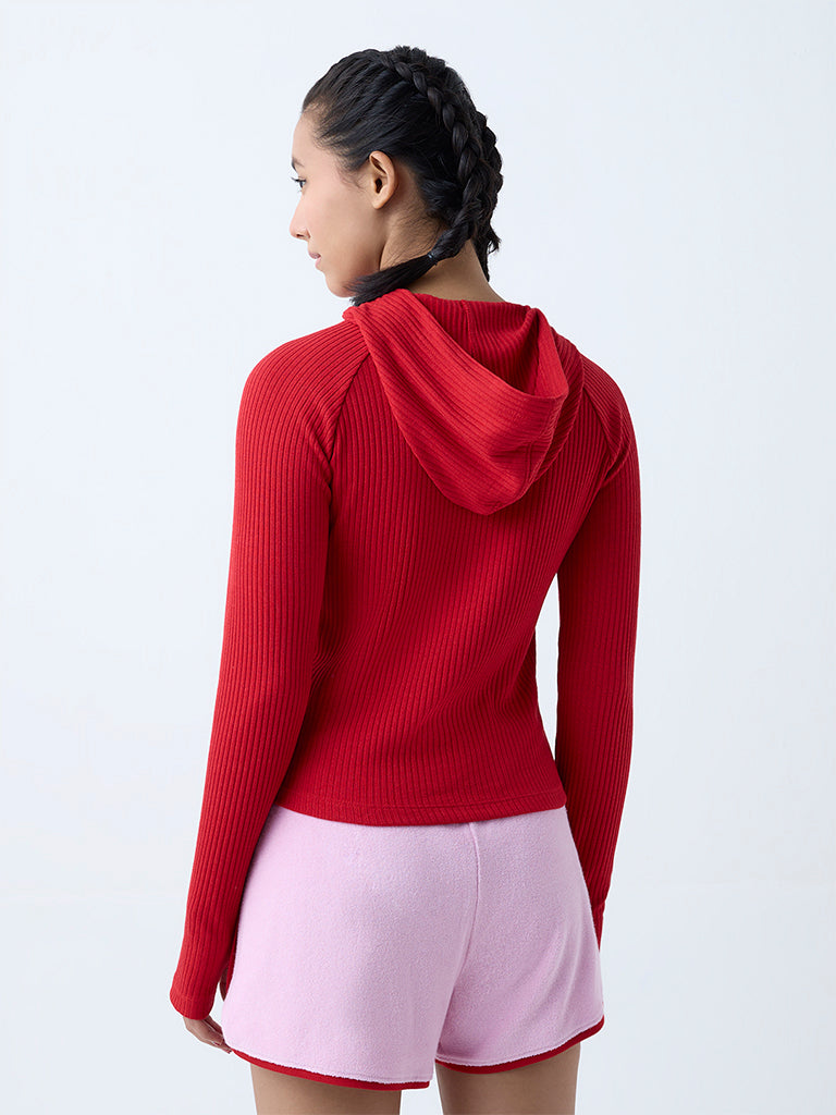 Westside Studiofit Women's Red Ribbed-Textured Hooded T-Shirt for Sports Wear Back View