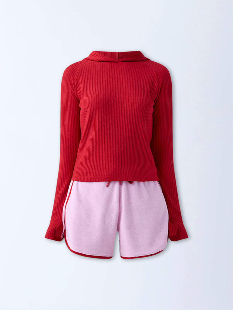 Westside Studiofit Women's Red Ribbed-Textured Hooded T-Shirt for Sports Wear Flatlay