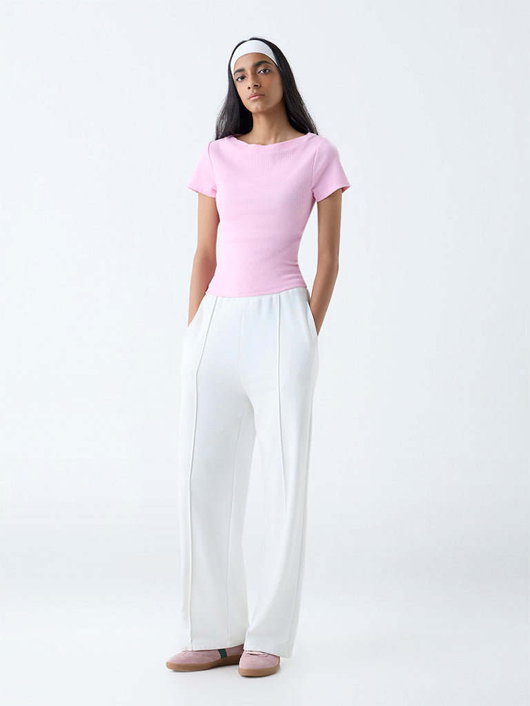 Studiofit Pink Ribbed-Textured Cotton-Blend T-Shirt
