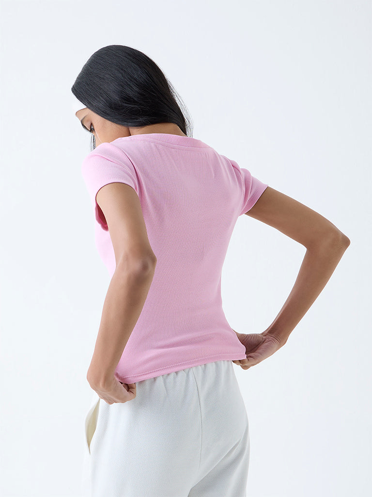 Studiofit Pink Ribbed-Textured Cotton-Blend T-Shirt