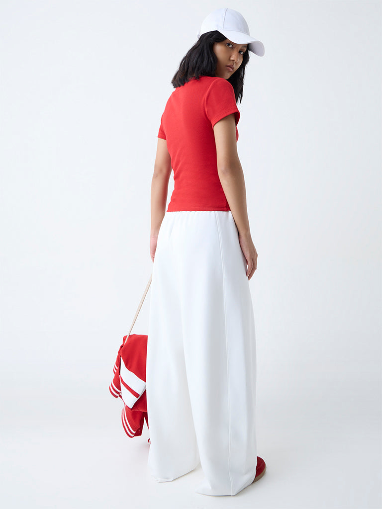 Westside Studiofit Women's Red Ribbed-Textured Cotton-Blend T-Shirt for Sports Wear Back View