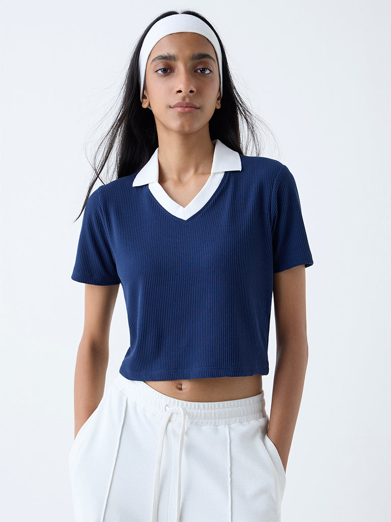 Westside Studiofit Women's Navy Ribbed-Textured T-Shirt for Sports Wear Full View