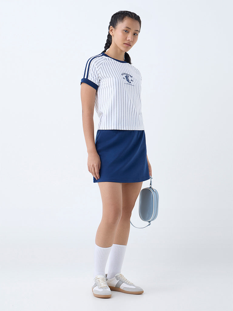 Westside Studiofit Women's White Striped Cotton-Blend T-Shirt for Sports Wear Front View