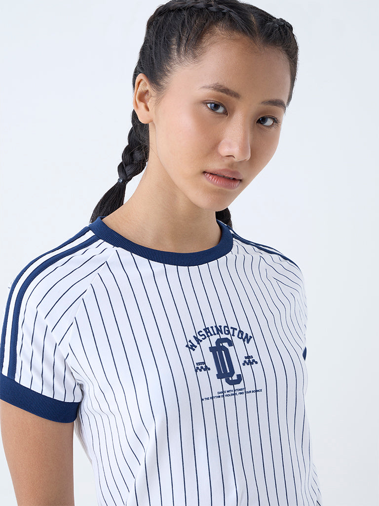 Westside Studiofit Women's White Striped Cotton-Blend T-Shirt for Sports Wear Zoomed View