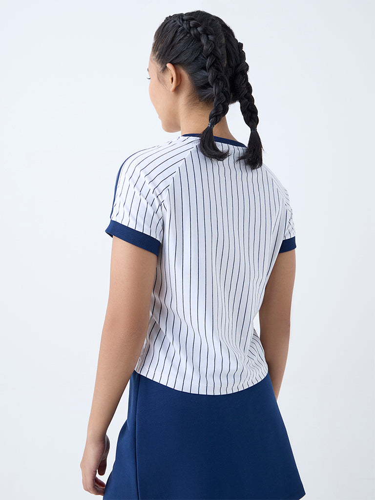 Westside Studiofit Women's White Striped Cotton-Blend T-Shirt for Sports Wear Back View