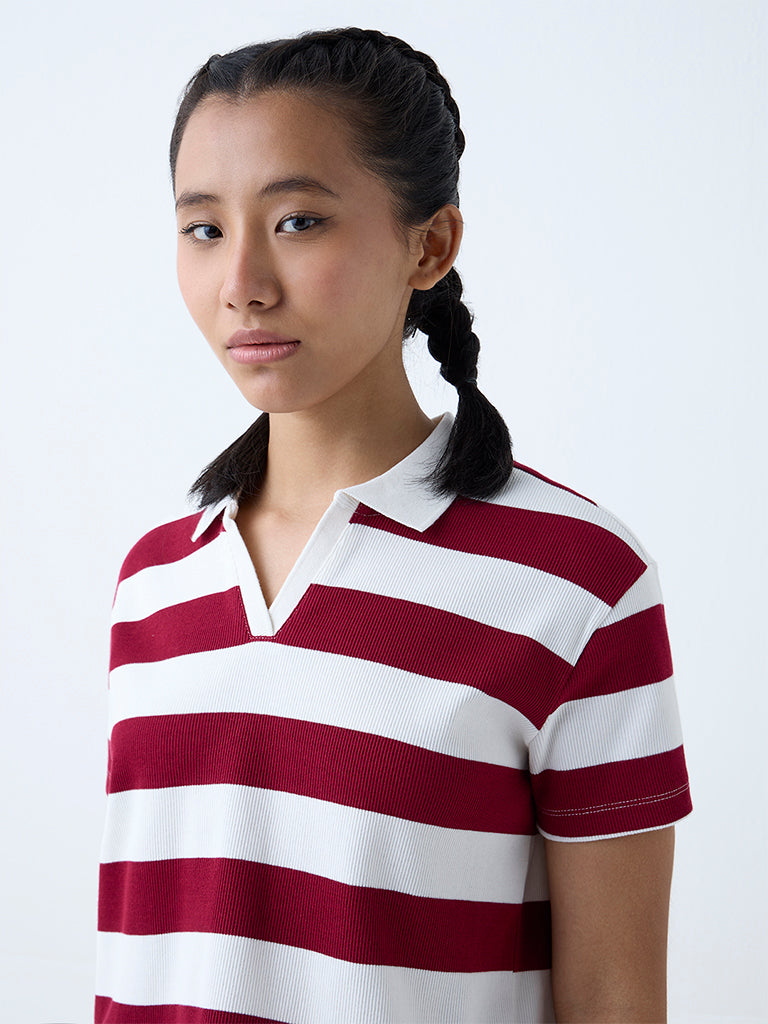 Westside Studiofit Women's Maroon Striped Cotton-Blend Polo T-Shirt for Sports Wear Zoomed View